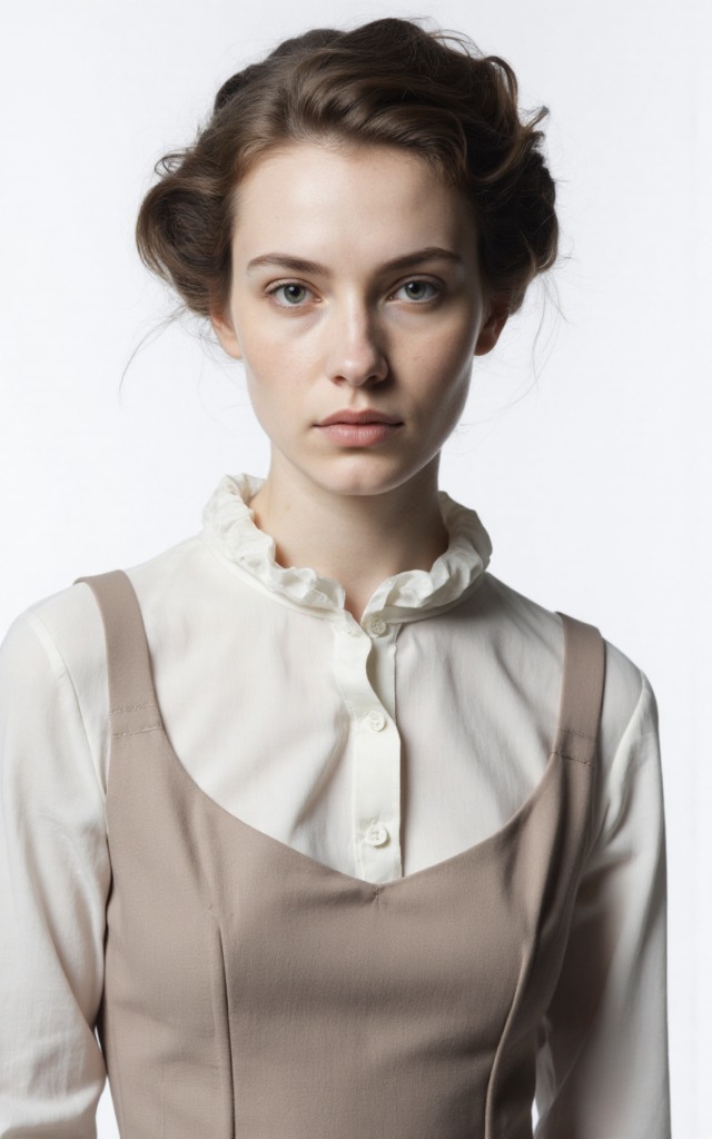 A French female model wearing a dress with a Ruched collar, white background, front   facing bust portrait